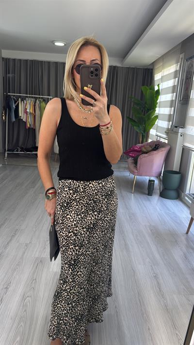 Leopar Desen Saten Etek