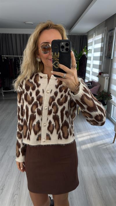 Leopar Desen Vanilya Kahverengi Hırka