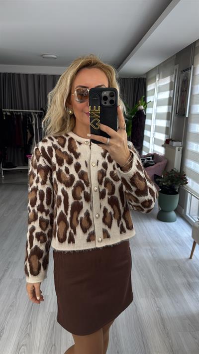 Leopar Desen Vanilya Kahverengi Hırka