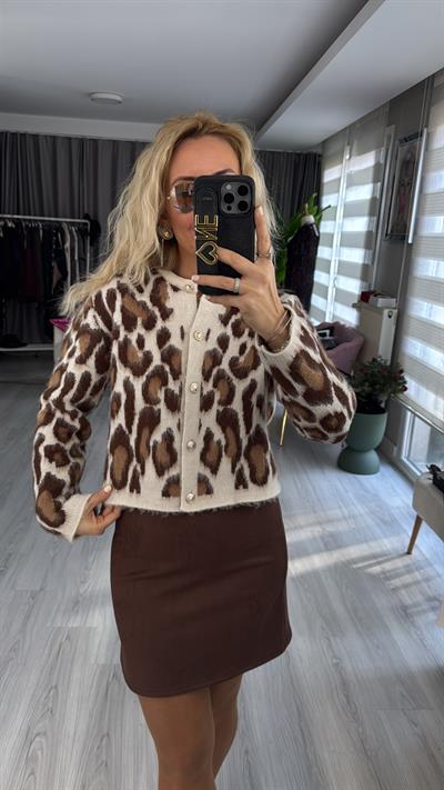 Leopar Desen Vanilya Kahverengi Hırka