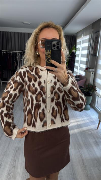 Leopar Desen Vanilya Kahverengi Hırka