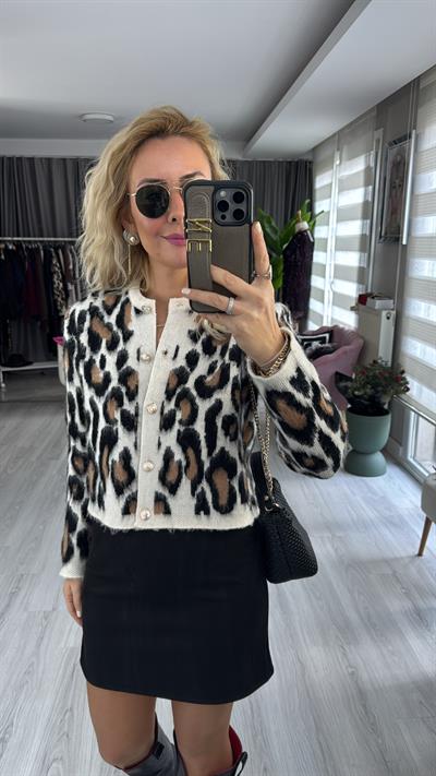 Leopar Desen Vanilya Siyah Triko Hırka