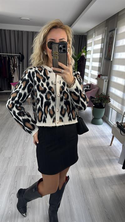 Leopar Desen Vanilya Siyah Triko Hırka