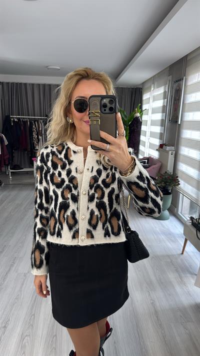Leopar Desen Vanilya Siyah Triko Hırka