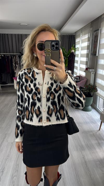 Leopar Desen Vanilya Siyah Triko Hırka