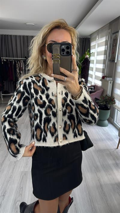 Leopar Desen Vanilya Siyah Triko Hırka