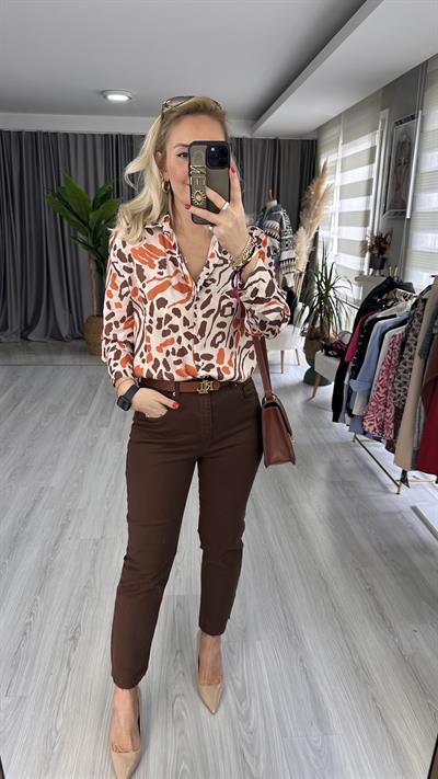 LEOPAR DESENLİ SATEN GÖMLEK / TAŞ