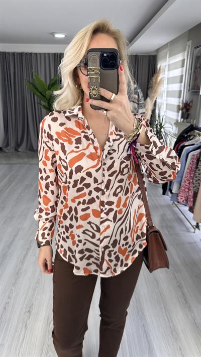 LEOPAR DESENLİ SATEN GÖMLEK / TAŞ