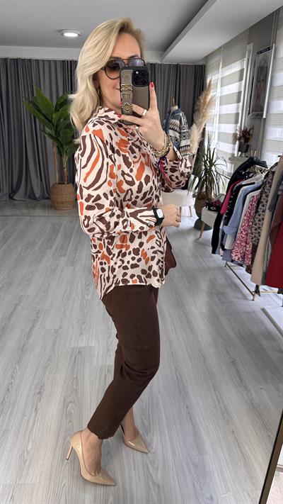 LEOPAR DESENLİ SATEN GÖMLEK / TAŞ