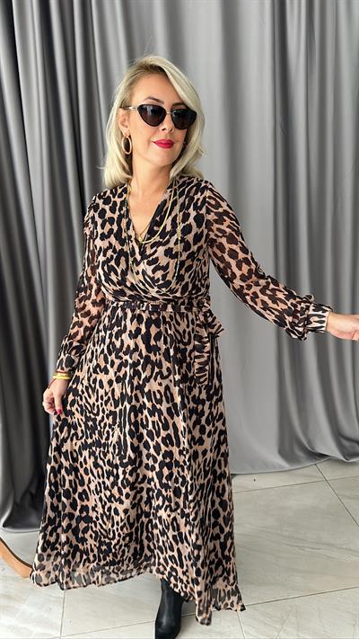 Leopar Desenli Şifon Elbise