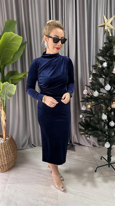 LİKRALI, OMUZ VE BEL DRAPELİ LACİVERT KADİFE ELBİSE