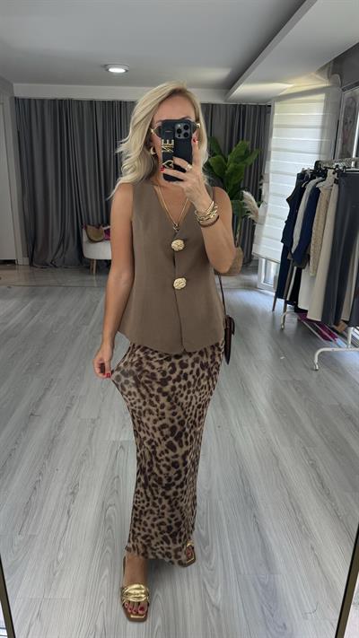 Likralı Tül Leopar Etek