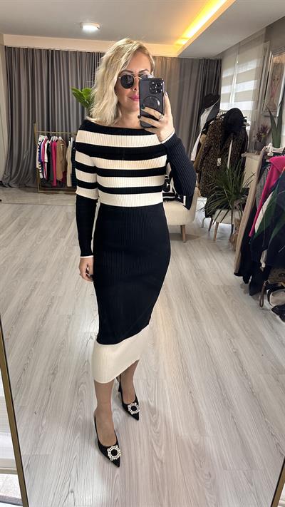 MADONNA YAKA SİYAH KREM ÇİZGİLİ  ELBİSE