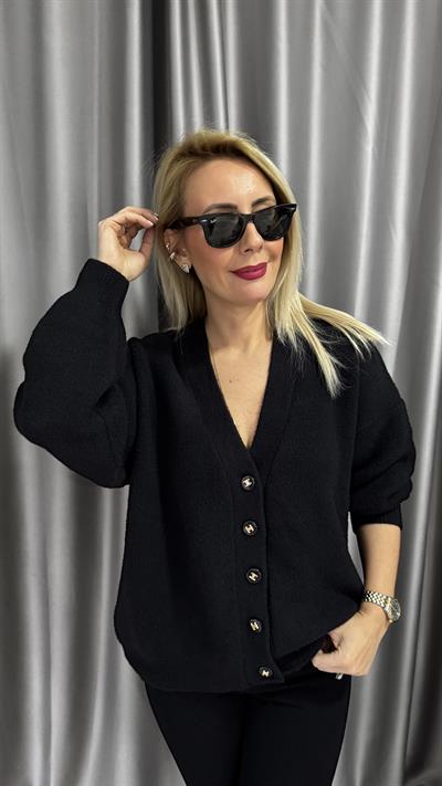 Marka Logo Düğmeli Siyah Angora Triko Hırka