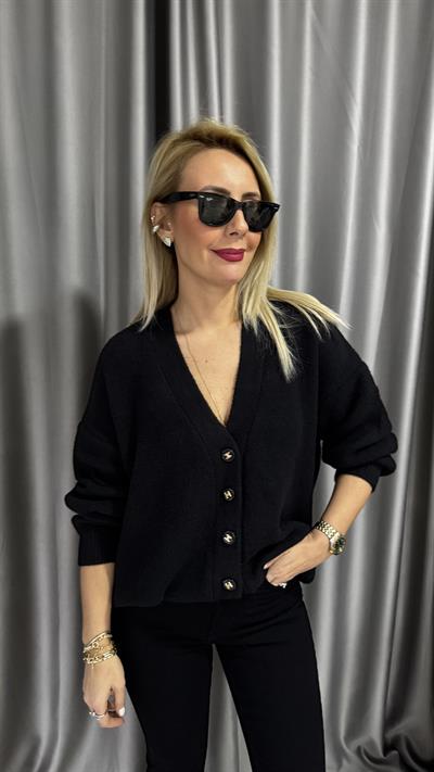 Marka Logo Düğmeli Siyah Angora Triko Hırka