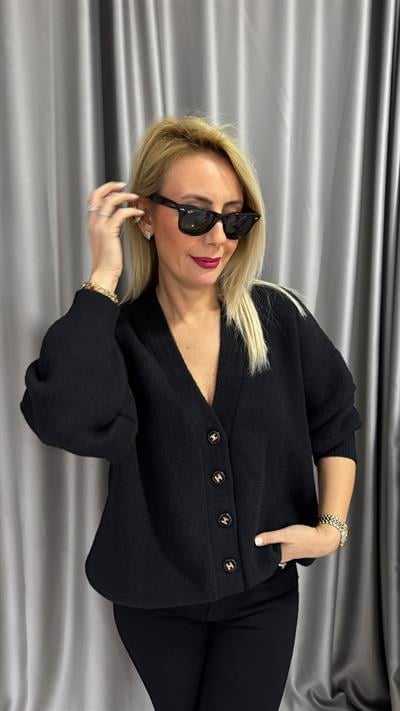 Marka Logo Düğmeli Siyah Angora Triko Hırka