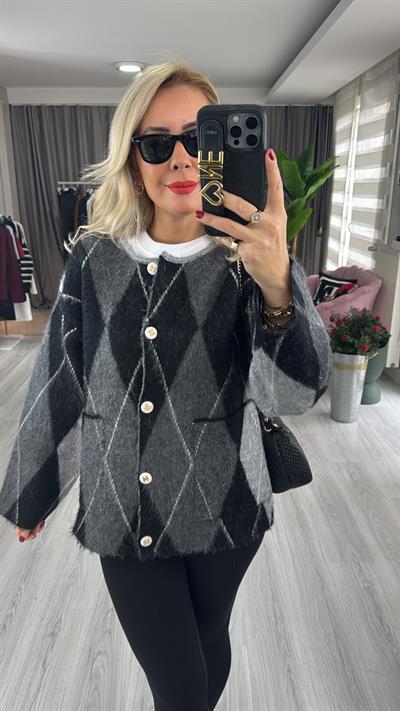 Marka Model Gri Baklava Desen Premium Triko Ceket