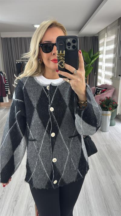 Marka Model Gri Baklava Desen Premium Triko Ceket