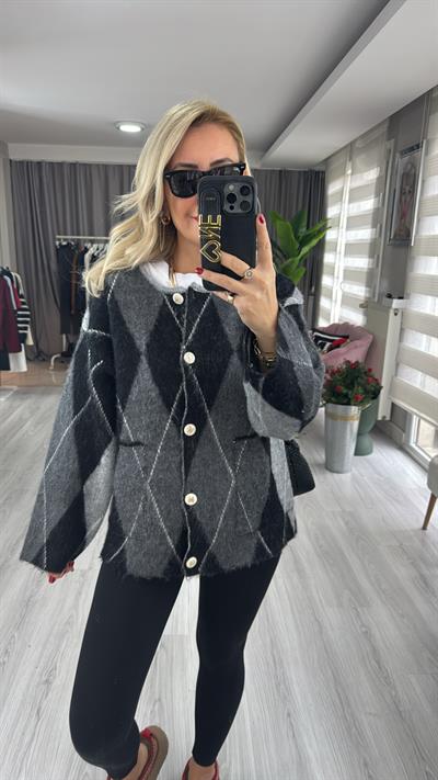 Marka Model Gri Baklava Desen Premium Triko Ceket