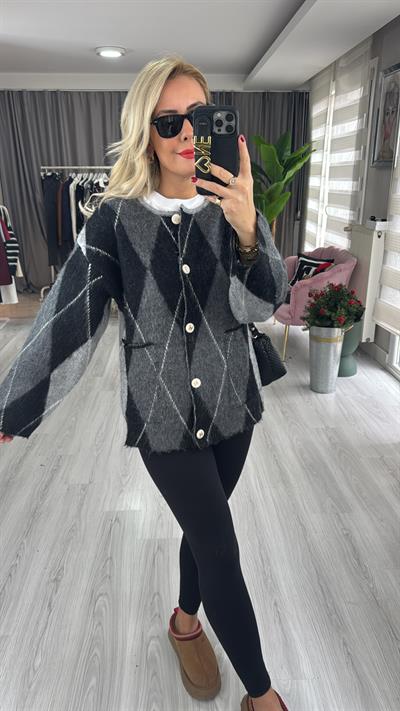 Marka Model Gri Baklava Desen Premium Triko Ceket