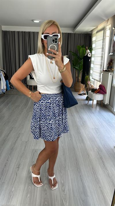 MAVİ BEYAZ DESENLİ, BELİ LASTİKLİ BALON ETEK