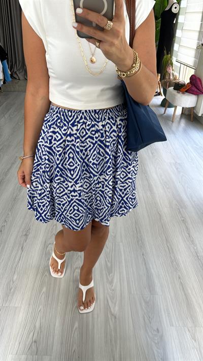 MAVİ BEYAZ DESENLİ, BELİ LASTİKLİ BALON ETEK