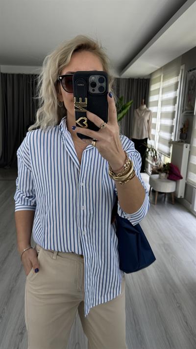 MAVİ ÇİZGİLİ BEYAZ POPLİN GÖMLEK