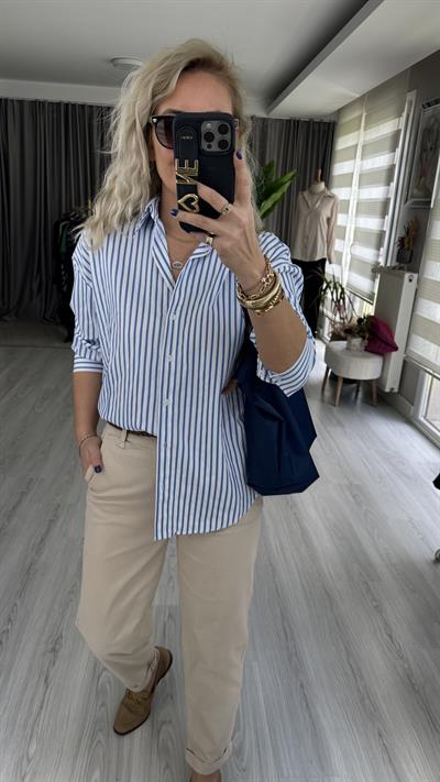 MAVİ ÇİZGİLİ BEYAZ POPLİN GÖMLEK