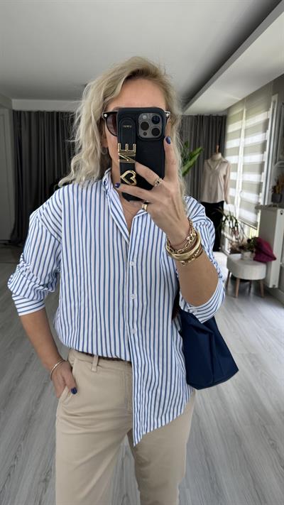 MAVİ ÇİZGİLİ BEYAZ POPLİN GÖMLEK