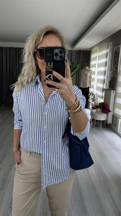 MAVİ ÇİZGİLİ BEYAZ POPLİN GÖMLEK