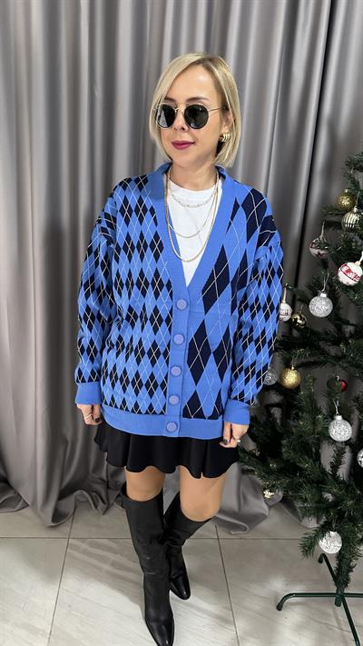 MAVİ LACİVERT BAKLAVA DESENLİ DÜĞMELİ HIRKA