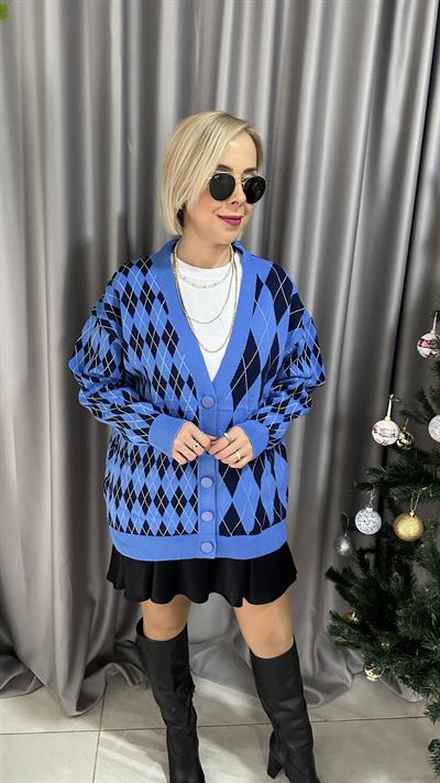 MAVİ LACİVERT BAKLAVA DESENLİ DÜĞMELİ HIRKA