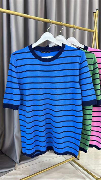Mavi Lacivert Çizgili Merserize Triko