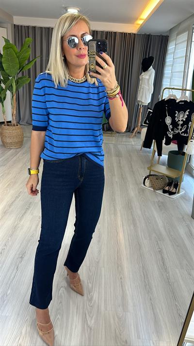 Mavi Lacivert Çizgili Merserize Triko