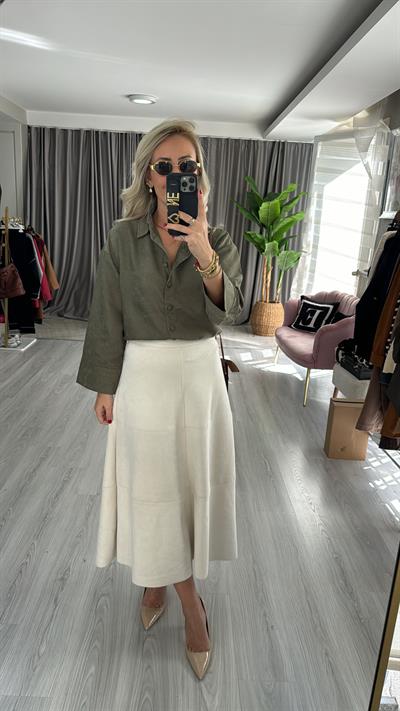 Midi Boy Bej Süet Etek