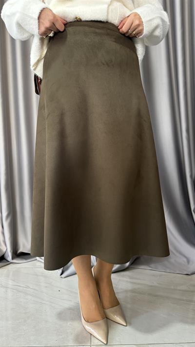 Midi Boy Haki Süet Etek