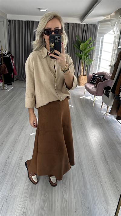 Midi Boy Taba Süet Etek