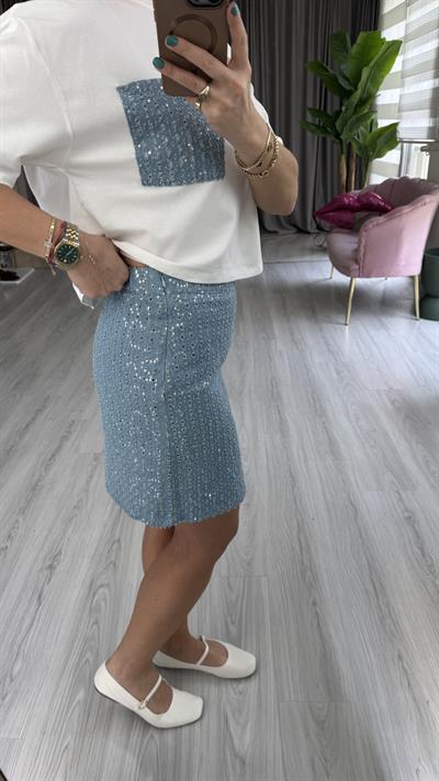 Minik Yırtmaçlı Payetli Mavi Denim Etek