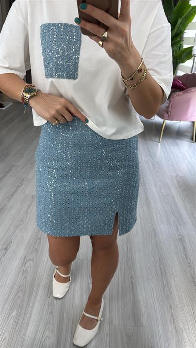 Minik Yırtmaçlı Payetli Mavi Denim Etek