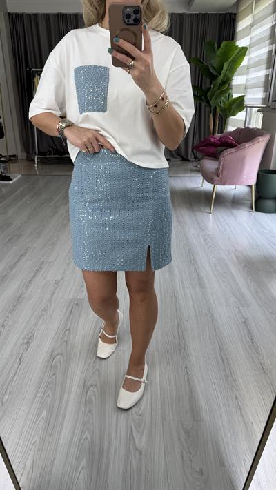 Minik Yırtmaçlı Payetli Mavi Denim Etek