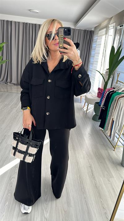 MODAL KUMAŞ DÜĞMELİ SİYAH TAKIM