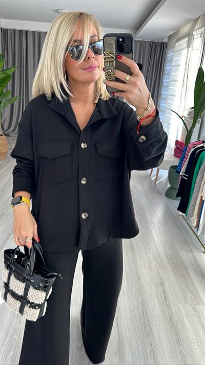 MODAL KUMAŞ DÜĞMELİ SİYAH TAKIM