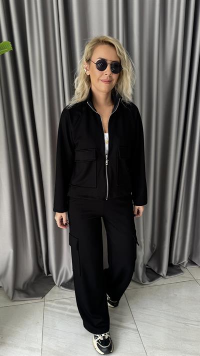 Modal Kumaş Kargo Cepli Siyah Takım