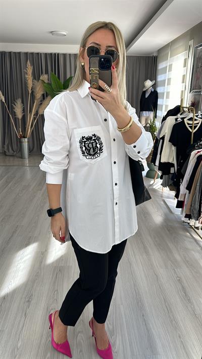 NAKIŞ DETAYLI OVERSİZE BEYAZ GÖMLEK