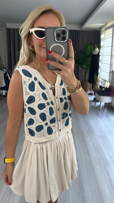 NAKIŞ İŞLEMELİ MAVİ EKRU YELEK