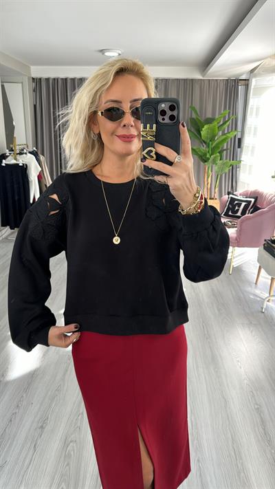 Omzu Lazer Kesim Siyah Modal Sweatshirt