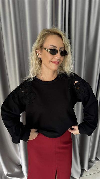 Omzu Lazer Kesim Siyah Modal Sweatshirt