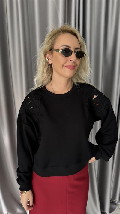 Omzu Lazer Kesim Siyah Modal Sweatshirt