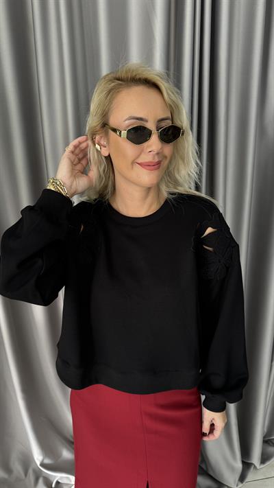 Omzu Lazer Kesim Siyah Modal Sweatshirt