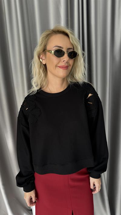 Omzu Lazer Kesim Siyah Modal Sweatshirt